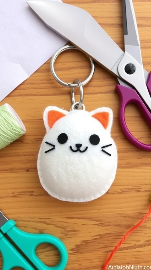 A whimsical egg jellycat keychain made of felt, with a cheerful expression, displayed with crafting tools.